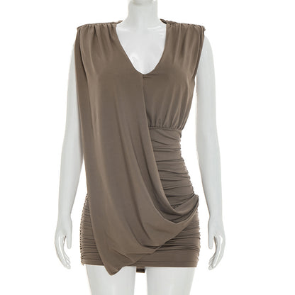 Designer Deep V-Neck Sleeveless Pleated Dress For Women