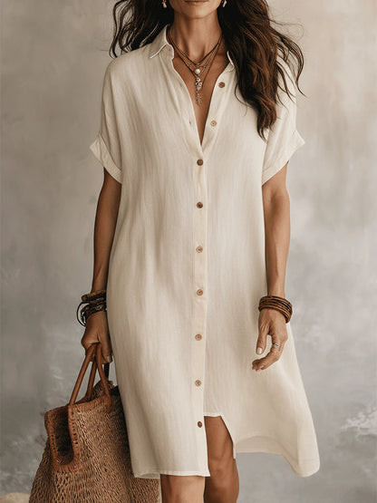 Women's Short-sleeve Buttoned Midi Shirt Dress