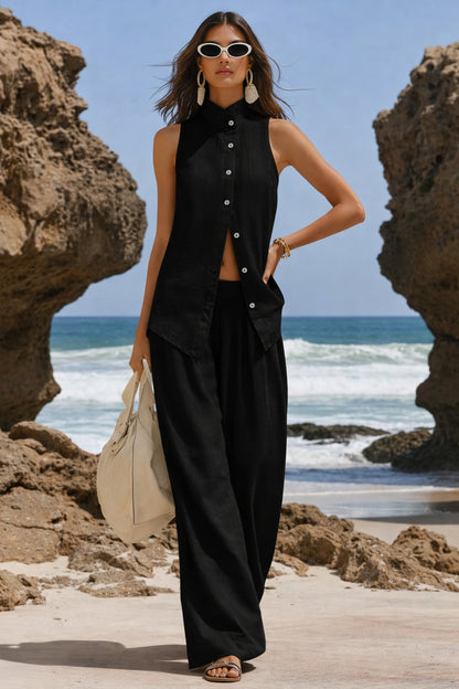 Front-button Cardigan Cotton Top And Pants Set