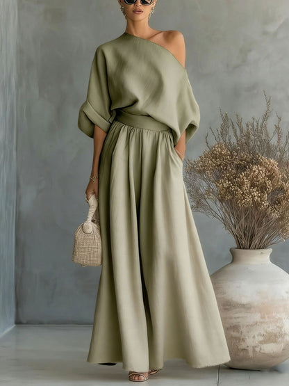 Cropped Off-shoulder Top And Pants Two-piece Set